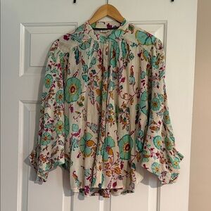 Pilcro Cream Floral Button-Up Blouse with Teal and Magenta Accents